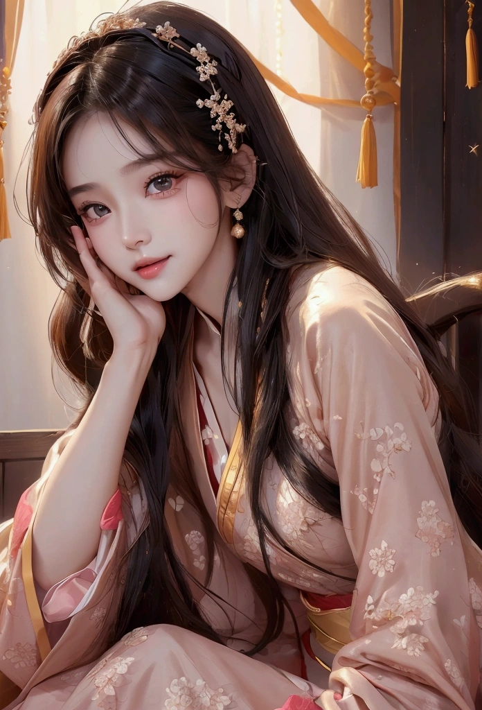 Best image quality、8k、masterpiece：1.3))、Realistic high-quality photos、Highest quality、 Beautiful face、Photos of slim models、Beautiful girl model、Young and pretty face、Beautiful model girl、A lovely and delicate face、Black Hair、Beautiful brown eyes、Young Body、Hanfu, (emphasize)、from the front、Camera gaze,、Anatomically correct、胸の谷間をemphasize、whole body、13-year-old female model、smile