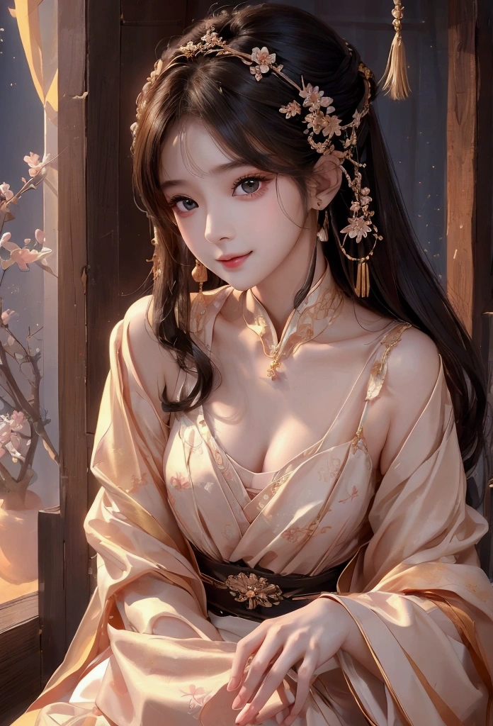 Best image quality、8k、masterpiece:1.3))、Realistic high-quality photos、Highest quality、 Beautiful face、Photos of slim models、Beautiful girl model、Young and pretty face、Beautiful model girl、A lovely and delicate face、Black Hair、Beautiful brown eyes、Young Body、Hanfu, (emphasize)、from the front、Camera gaze,、Anatomically correct、胸の谷間をemphasize、whole body、-yeld fee model、smile