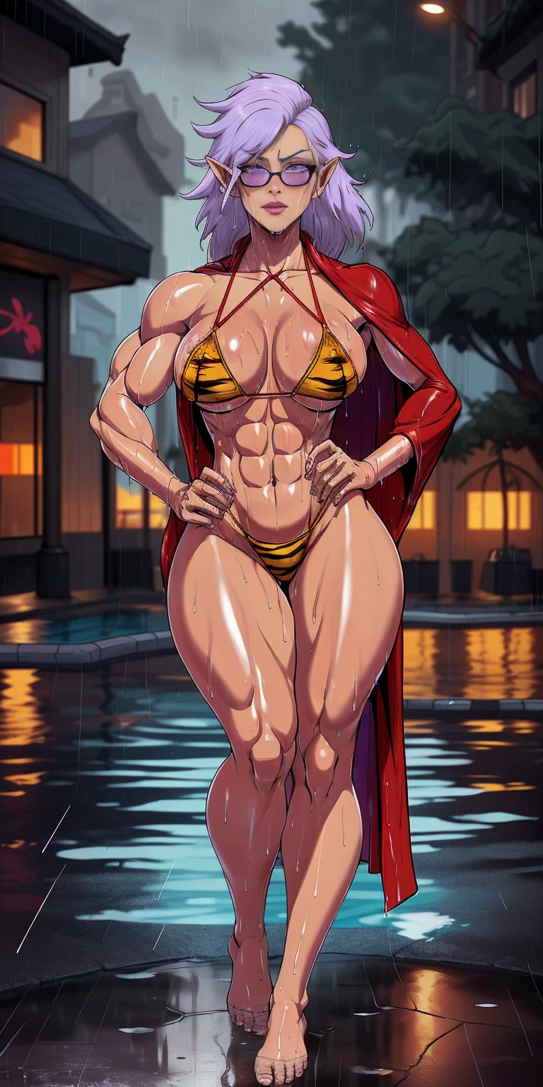 Full body, masterpiece, 1solofemale drow elf purple skin standing pose (yellow tiger bikini) red cape, red bikini, long white hair, strong body, abs, Ultra Quality, shiny skin, Atmospheric, 8K, Cinematic ((Street background)) BREAK, sunglasses (wet rainy, wet by rain, wet body :1.2) ultra-detailed face, detailed lips, detailed eyes, double eyelid, sensual low-necked dress, open neckline, hanging breasts, side pose, visible curves, pool, poolside, red transparent robe, sunglasses, muscular turned leg