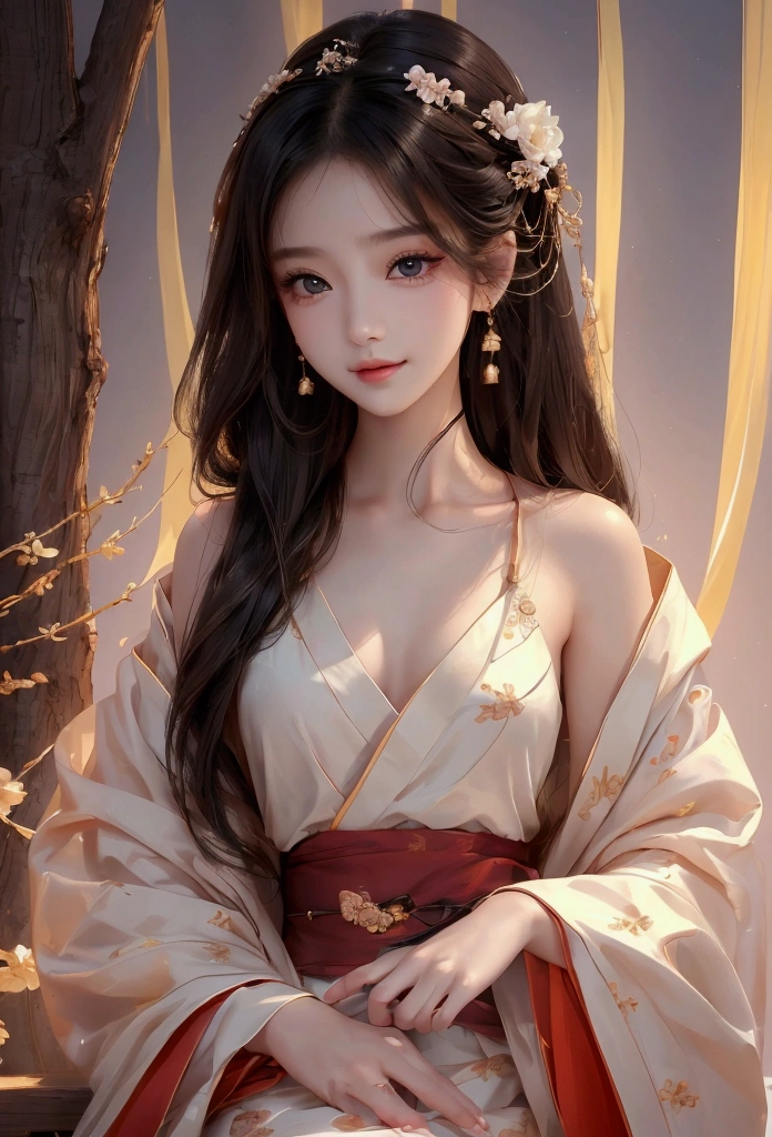 Best image quality、8k、masterpiece:1.3))、Realistic high-quality photos、Highest quality、 Beautiful face、Photos of slim models、Beautiful girl model、Young and pretty face、Beautiful model girl、A lovely and delicate face、Black Hair、Beautiful brown eyes、Young Body、Hanfu, (emphasize)、from the front、Camera gaze,、Anatomically correct、胸の谷間をemphasize、whole body、13-year-old female model、smile