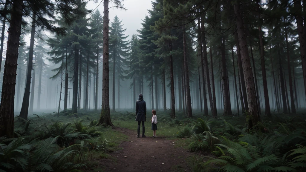 Create a realistic scene of two friends standing at the edge of a dark, ominous forest at night. The sky is overcast, and a thick fog clings to the ground. Anna holds a flashlight with a determined look, while Lucas gazes into the trees with curiosity and a hint of fear. The dense foliage and tangled branches create a foreboding atmosphere, as if the forest itself is alive and watching.