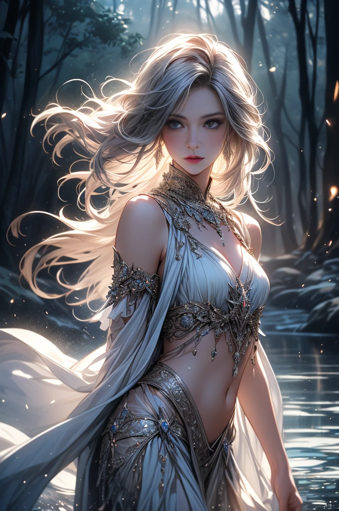 (best quality,4k,8k,highres,masterpiece:1.2), ultra-detailed, (realistic,photorealistic,photo-realistic:1.37), In the heart of an enchanted forest, bathed in the soft glow of moonlight filtering through the canopy above, stands a figure of ethereal beauty. She is an elven enchantress, her long silver hair cascading in shimmering waves around her slender form like strands of moonlight woven into silk. (Her eyes, a mesmerizing blend of iridescent hues, shimmer with an otherworldly light, reflecting the myriad colors of the forest around her:1.5). They are windows to a soul as ancient as the trees themselves, filled with wisdom and mystery far beyond her tender years. Clad in robes of flowing white adorned with intricate patterns of silver thread, she moves with a grace that is both elegant and effortless. Each movement is a dance, a fluid motion that seems to ripple through the air like water flowing over smooth stones. As she raises her delicate hands to the sky, the air around her crackles with magical energy, the very essence of the forest responding to her call. Words of power spill from her lips like liquid silver, ancient incantations that echo through the stillness of the night with a haunting melody. With each word, tendrils of magical energy begin to swirl around her, weaving together in a shimmering vortex of light and shadow. Shapes begin to form within the swirling maelstrom, phantom creatures born of pure magic dancing to the rhythm of her voice. And as she reaches the climax of her incantation, her voice rises to a crescendo, filling the forest with a symphony of power and wonder. With a final flourish of her hands, she releases the spell, the magical energies coalescing into a radiant burst of light that illuminates the darkness like a thousand stars.(art by Amano Yoshitaka:1.3)