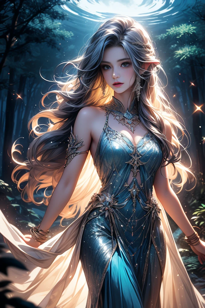 (best quality,4k,8k,highres,masterpiece:1.2), ultra-detailed, (realistic,photorealistic,photo-realistic:1.37), In the heart of an enchanted forest, bathed in the soft glow of moonlight filtering through the canopy above, stands a figure of ethereal beauty. She is an elven enchantress, her long silver hair cascading in shimmering waves around her slender form like strands of moonlight woven into silk. (Her eyes, a mesmerizing blend of iridescent hues, shimmer with an otherworldly light, reflecting the myriad colors of the forest around her:1.5). They are windows to a soul as ancient as the trees themselves, filled with wisdom and mystery far beyond her tender years. Clad in robes of flowing white adorned with intricate patterns of silver thread, she moves with a grace that is both elegant and effortless. Each movement is a dance, a fluid motion that seems to ripple through the air like water flowing over smooth stones. As she raises her delicate hands to the sky, the air around her crackles with magical energy, the very essence of the forest responding to her call. Words of power spill from her lips like liquid silver, ancient incantations that echo through the stillness of the night with a haunting melody. With each word, tendrils of magical energy begin to swirl around her, weaving together in a shimmering vortex of light and shadow. Shapes begin to form within the swirling maelstrom, phantom creatures born of pure magic dancing to the rhythm of her voice. And as she reaches the climax of her incantation, her voice rises to a crescendo, filling the forest with a symphony of power and wonder. With a final flourish of her hands, she releases the spell, the magical energies coalescing into a radiant burst of light that illuminates the darkness like a thousand stars.(art by Amano Yoshitaka:1.3)