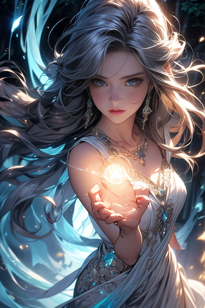 (best quality,4k,8k,highres,masterpiece:1.2), ultra-detailed, (realistic,photorealistic,photo-realistic:1.37), In the heart of an enchanted forest, bathed in the soft glow of moonlight filtering through the canopy above, stands a figure of ethereal beauty. She is an elven enchantress, her long silver hair cascading in shimmering waves around her slender form like strands of moonlight woven into silk. (Her eyes, a mesmerizing blend of iridescent hues, shimmer with an otherworldly light, reflecting the myriad colors of the forest around her:1.5). They are windows to a soul as ancient as the trees themselves, filled with wisdom and mystery far beyond her tender years. Clad in robes of flowing white adorned with intricate patterns of silver thread, she moves with a grace that is both elegant and effortless. Each movement is a dance, a fluid motion that seems to ripple through the air like water flowing over smooth stones. As she raises her delicate hands to the sky, the air around her crackles with magical energy, the very essence of the forest responding to her call. Words of power spill from her lips like liquid silver, ancient incantations that echo through the stillness of the night with a haunting melody. With each word, tendrils of magical energy begin to swirl around her, weaving together in a shimmering vortex of light and shadow. Shapes begin to form within the swirling maelstrom, phantom creatures born of pure magic dancing to the rhythm of her voice. And as she reaches the climax of her incantation, her voice rises to a crescendo, filling the forest with a symphony of power and wonder. With a final flourish of her hands, she releases the spell, the magical energies coalescing into a radiant burst of light that illuminates the darkness like a thousand stars.(art by Amano Yoshitaka:1.3)