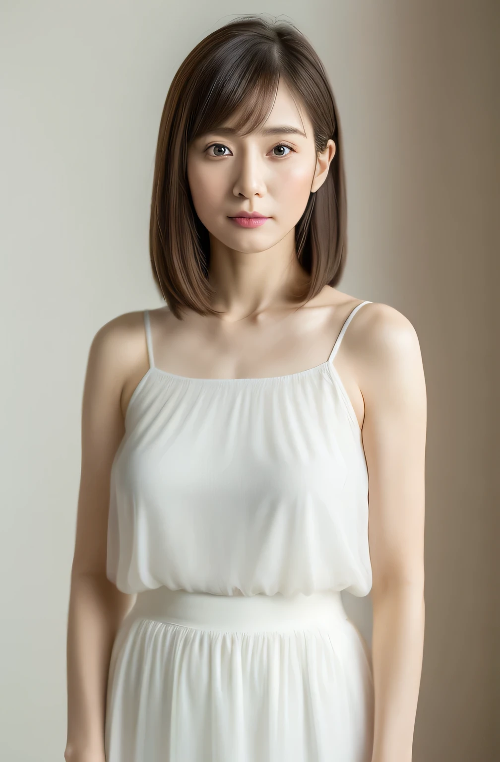 Masterpiece、Highest quality、masterpiece、High resolution、Photorealistic、Raw photo、8k wallpaper、perfection、Professional Lighting、Very detailed、Depth of written boundary、Light solid color background、((1 beautiful woman))、((33 year old sexy woman、Detailed oval face、Beautiful Eyes、bangs、Large Breasts、Light brown, medium length straight hair、Faint lips、((Stand facing forward、Staring at the viewer with a serious expression。))、A sheer white elegant camisole、White summer skirt、cowboy shot from the knees up
