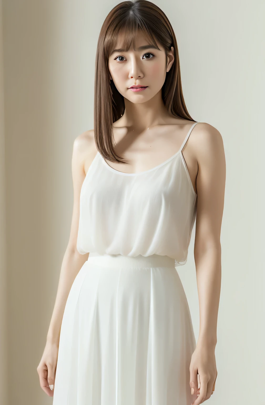Masterpiece、Highest quality、masterpiece、High resolution、Photorealistic、Raw photo、8k wallpaper、perfection、Professional Lighting、Very detailed、Depth of written boundary、Light solid color background、((1 beautiful woman))、((33 year old sexy woman、Detailed oval face、Beautiful Eyes、bangs、Large Breasts、Light brown, medium length straight hair、Faint lips、((Stand facing forward、Staring at the viewer with a serious expression。))、A sheer white elegant camisole、White summer skirt、cowboy shot from the knees up