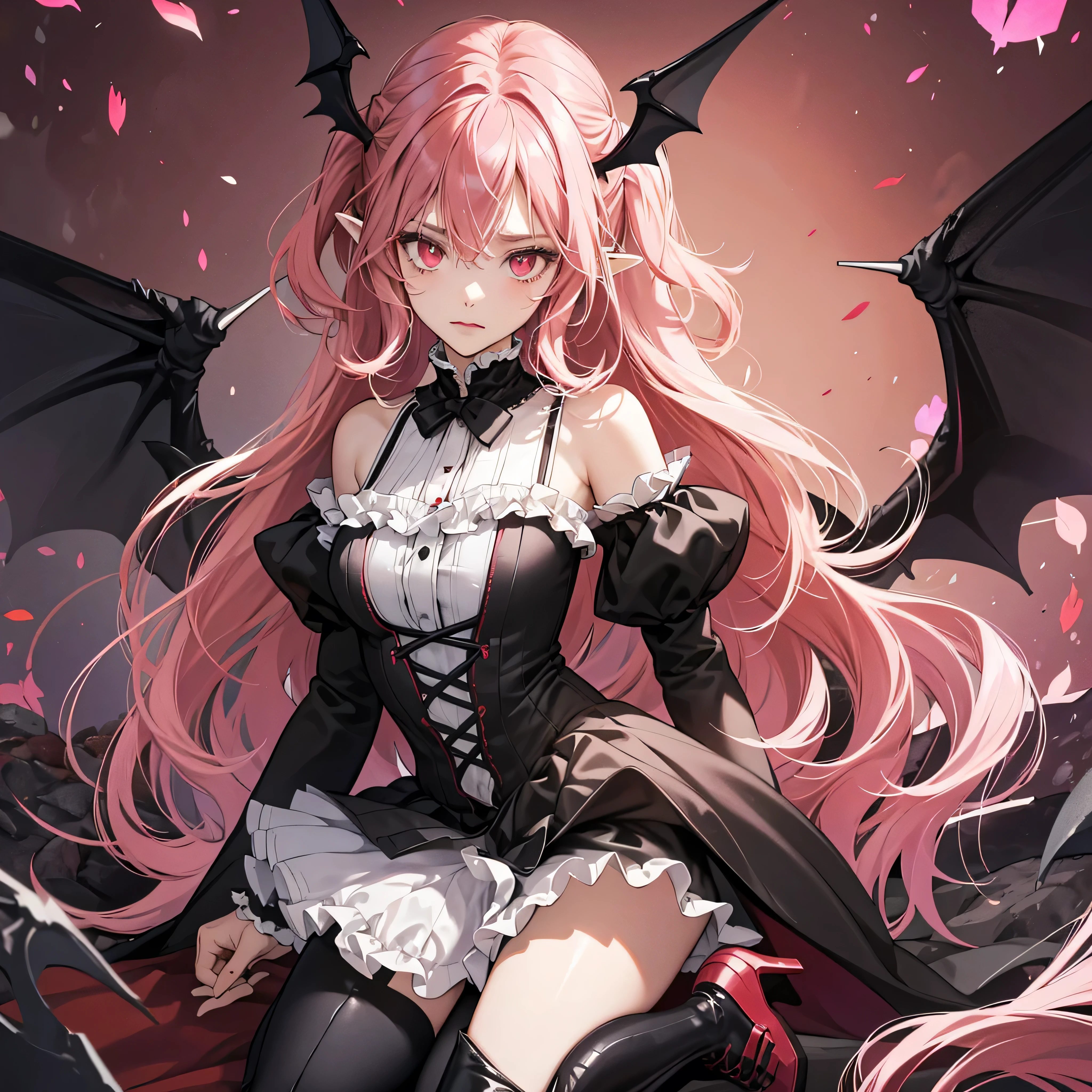 krultepes, red eyes, pink hair, long hair, pointy ears, hair between eyes, head wings, bat wings, red bow, short dress, frilled dress, detached sleeves, frilled sleeves, slit pupils, gothic ta, very long hair, black dress, black footwear, thigh boots