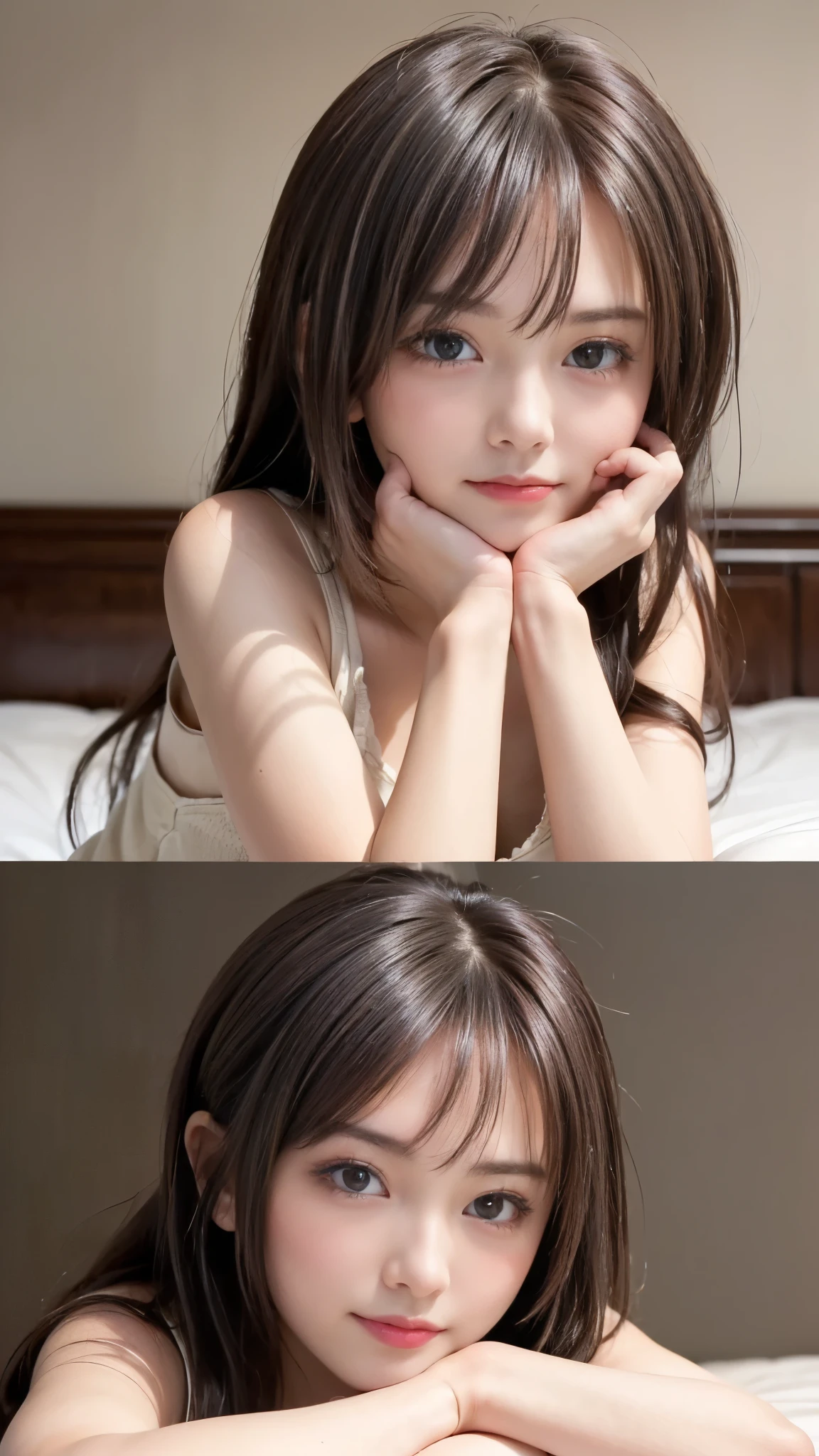 (((Photo of one beautiful girl:1.3、Lie down on the bed、Staring at and seducing the opposite sex、Arms folded, face down:1.3)))、blush、((I see cute clothes:1.2))、Detailed eyes and face、Professional photography techniques、The right move、((Close-up of face:1.3))