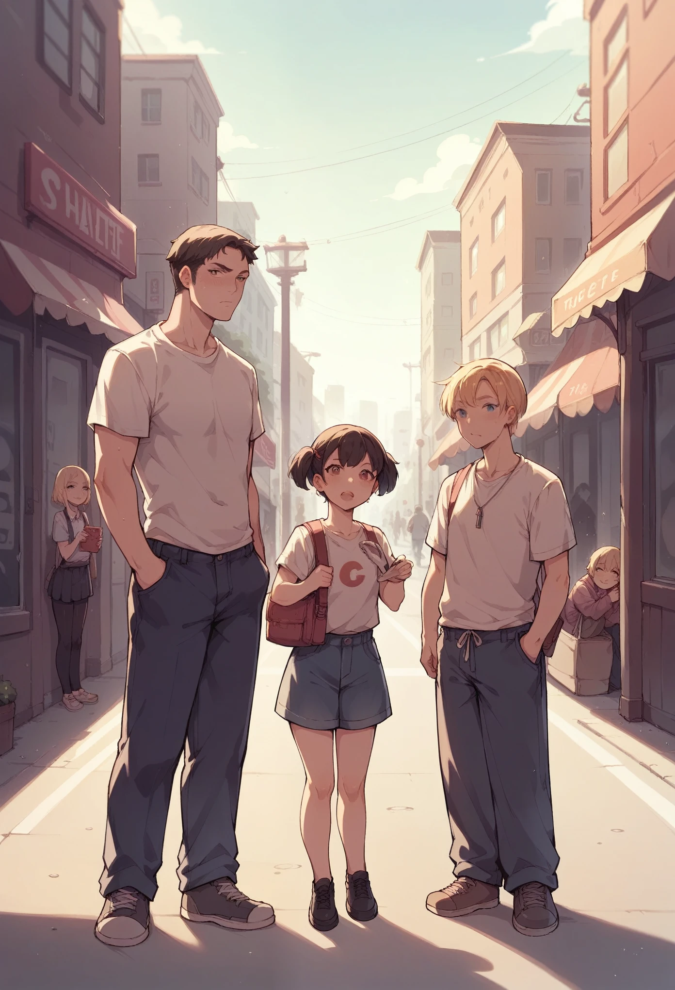 full body photograph of a group, 3 girls, 2 boys, in the city, street photography,