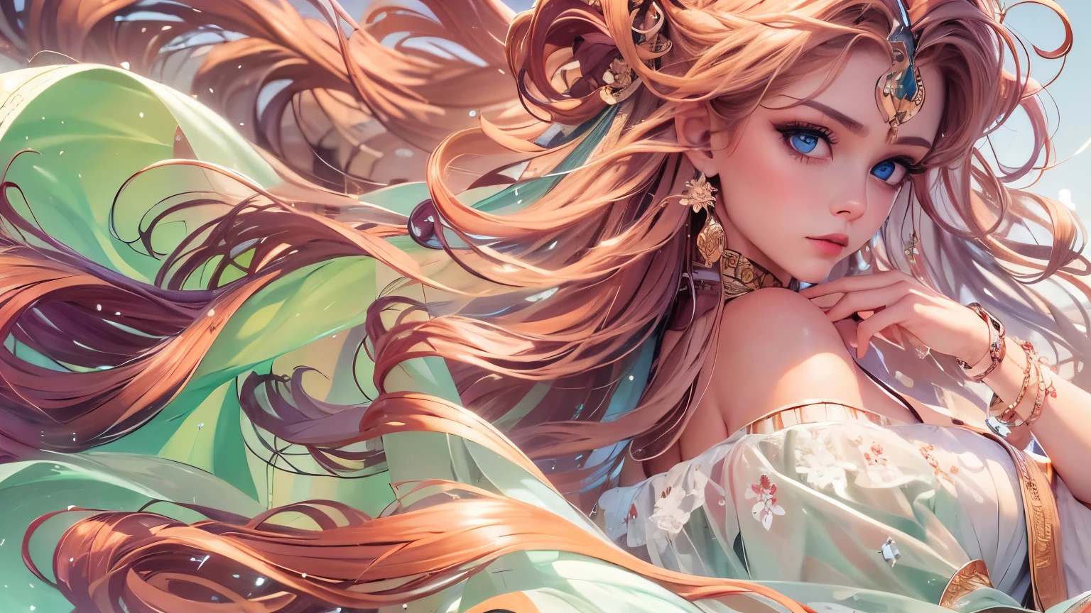 Absurd, ultra-detailed, high quality, masterpiece, detailed face, beautiful eyes(detailed eyes), Greek mythology, Goddess, Hera , the queen of the gods, striking and captivating, features are classically beautiful, with high cheekbones, a perfectly proportioned face, eyes depicted as large and captivating, hold an intense gaze, golden hair , Gole hair is luxuriant and flowing, cascading down her back in waves , wearing elegant robes adorned with intricate patterns , Her beauty is not merely superficial but embodies the essence of power, authority, and regality.