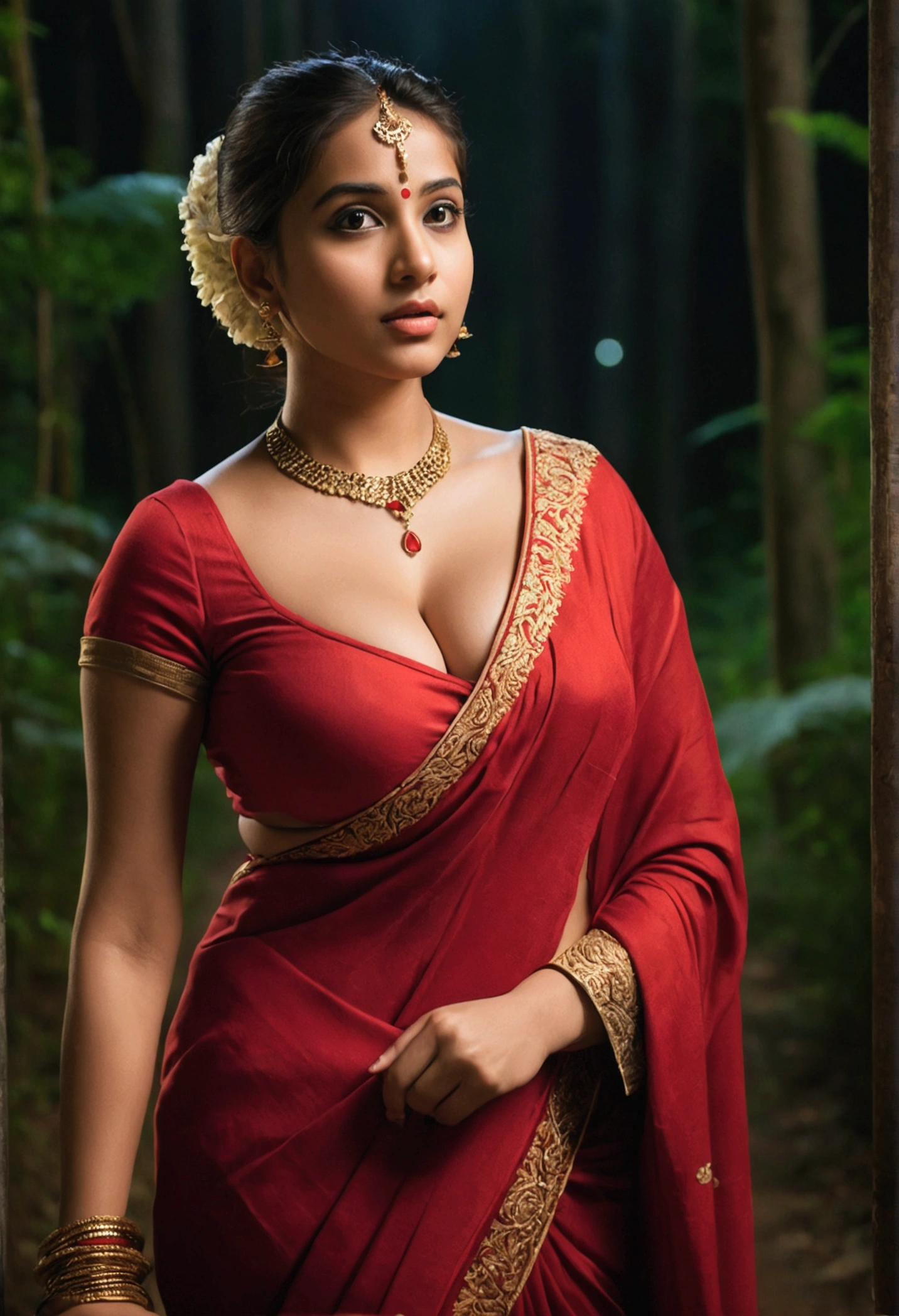 nighttime view, close up shot of night scene, close up photo of a 26 years old beautiful girl from top view, wearing red saree, walking in forest night, looking to camera, big and curvy cheeks, hourglass figure, c-cup hugebreasts, ponytail, necklace, (cinematic:1.3), intricate details , (ArtStation:1.2)
