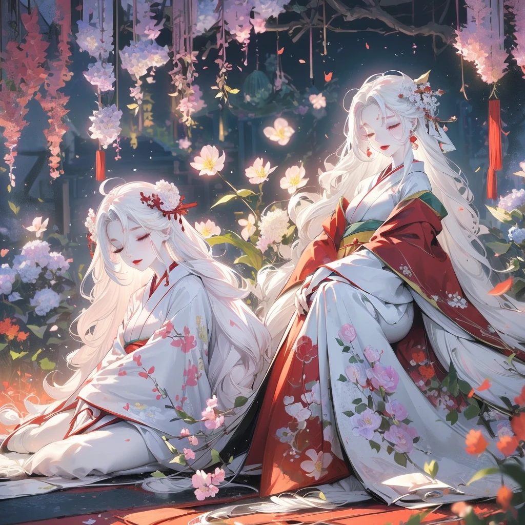 (1girl, long hair, white hair, wavy hair, closed eyes, pale skin, makeup, red lips, sitting, sleeping), sitting in field, holding flowers, fullbody, kimono, hanfu, floral print, (Beautifully Aesthetic:1.2),field, hydrangea, peace, tranquility, serenity, petals