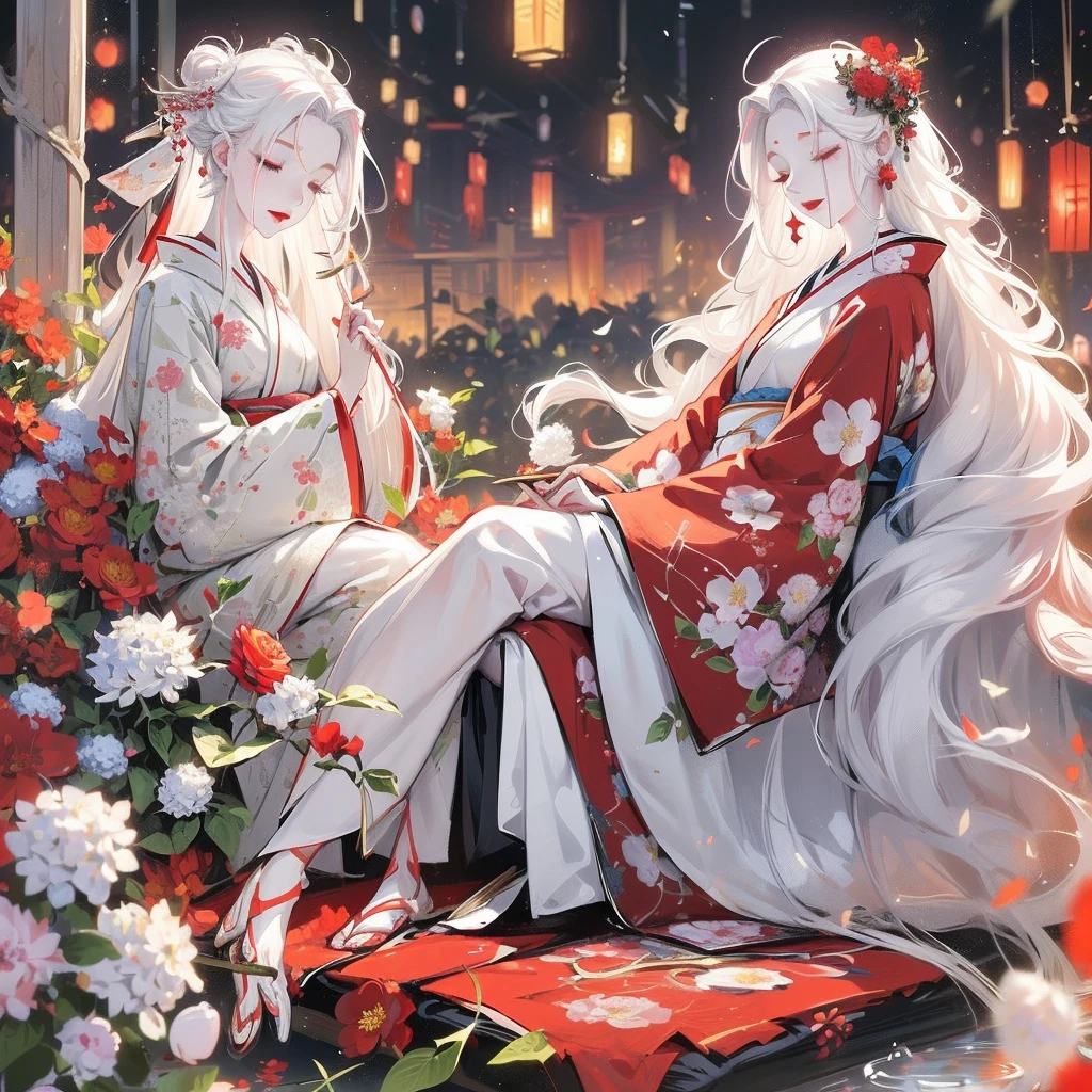 (1girl, long hair, white hair, wavy hair, closed eyes, pale skin, makeup, red lips, sitting, sleeping), sitting in field, holding flowers, fullbody, kimono, hanfu, floral print, (Beautifully Aesthetic:1.2),field, hydrangea, peace, tranquility, serenity, petals