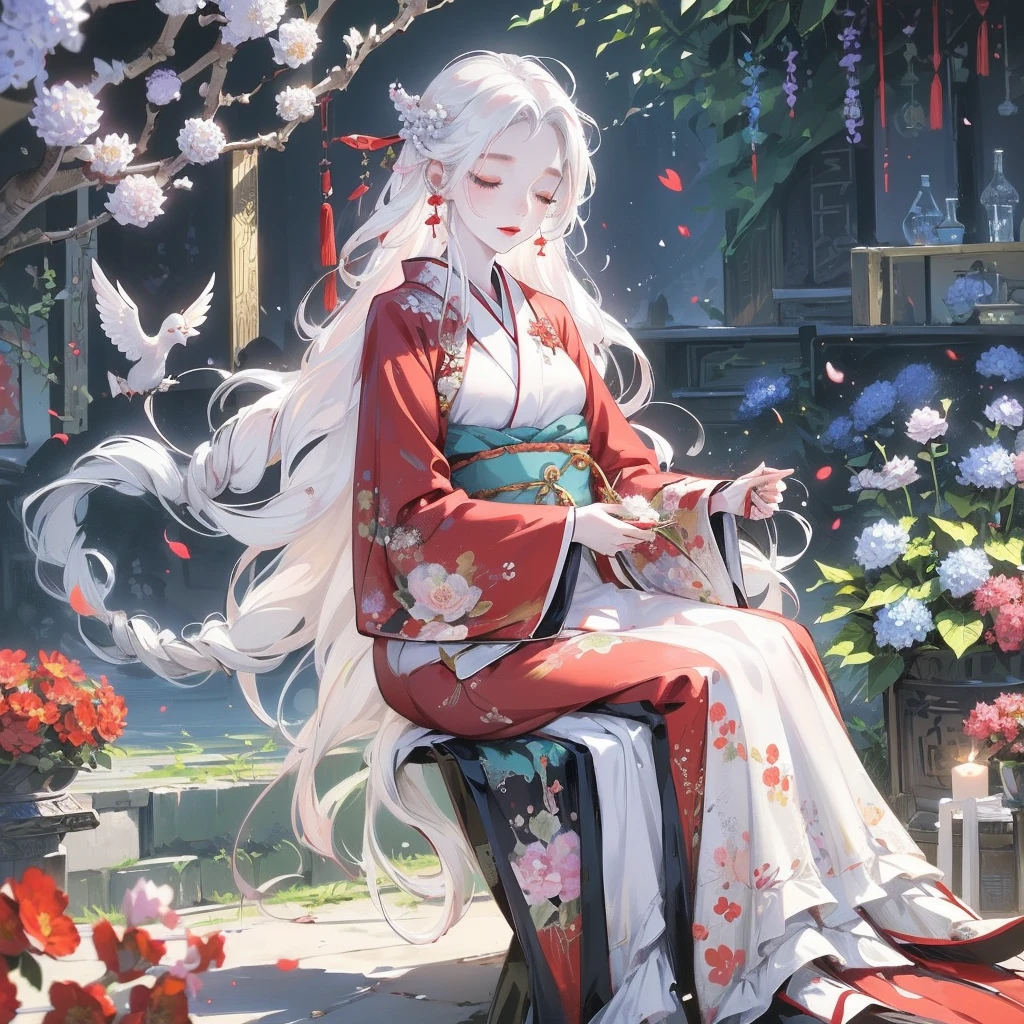(1girl, long hair, white hair, wavy hair, closed eyes, pale skin, makeup, red lips, sitting, sleeping), sitting in field, holding flowers, fullbody, kimono, hanfu, floral print, (Beautifully Aesthetic:1.2),field, hydrangea, peace, tranquility, serenity, petals