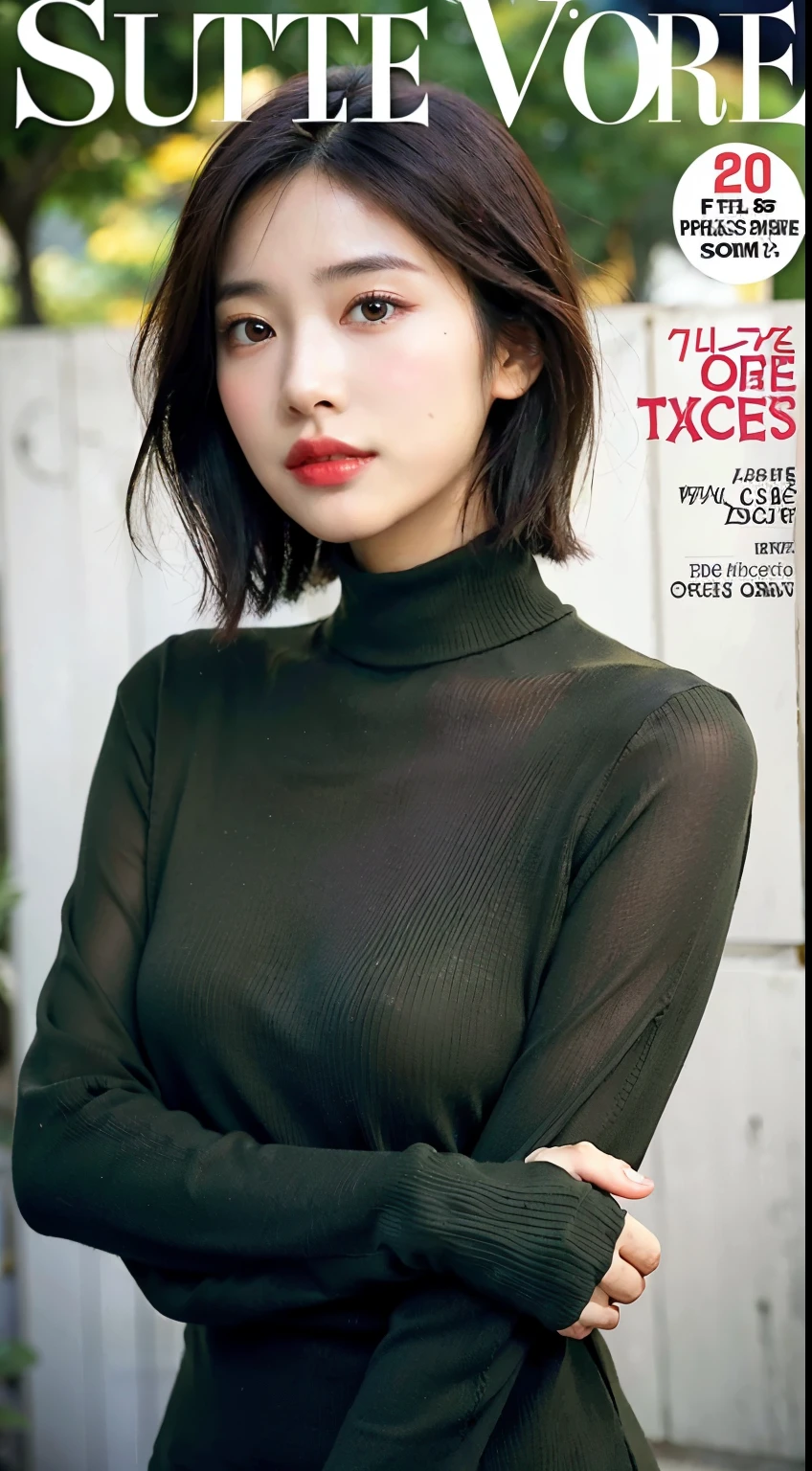 Beautiful Japanese girl、1 person,Very neat and slim、Great style  、Ultra HD、Very delicate face, Skin and Hair、Short Hair, Black Hair、((Olive turtleneck sweater dress)),Knee-high boots、Cover your chest with your arms、Shibuya Ward、8k images、Very cute Japanese expressionless face、Slender、Mid-breasted、Eyes and nose are clearly visible、Kind eyes、Laughter,Autumn foliage background