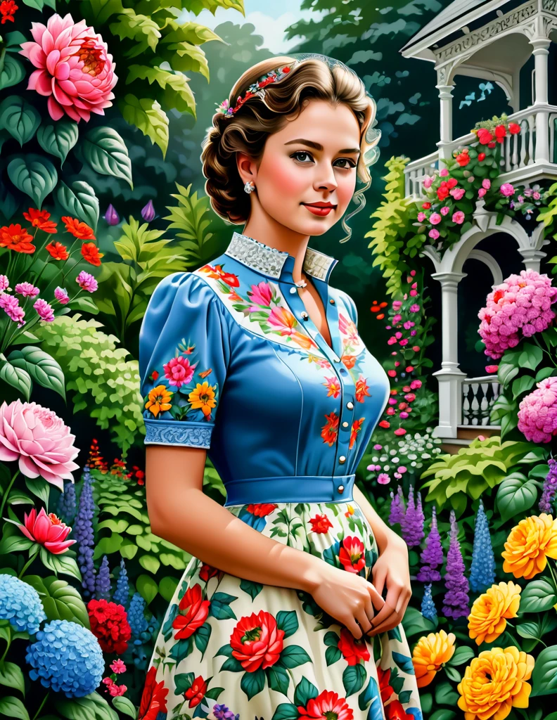 A Portrait of a 24 yo Beautiful Woman [Elizabeth II:Maude Adams:4.5] donning Victorial Casual Dress, she is in her backyard garden with lush vibrant flowers, insanely detailed and intri garden, A Don Lawrence Style Illustration