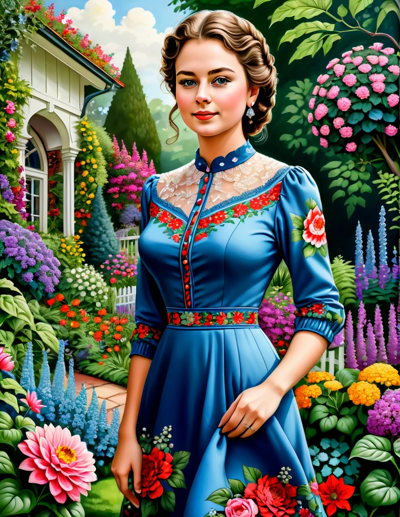 A Portrait of a 24 yo Beautiful Woman [Elizabeth II:Maude Adams:4.5] donning Victorial Casual Dress, she is in her backyard garden with lush vibrant flowers, insanely detailed and intri garden, A Don Lawrence Style Illustration