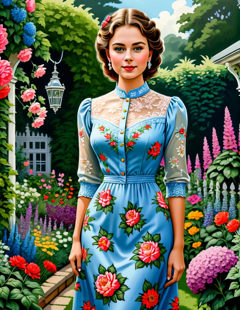 A Portrait of a 24 yo Beautiful Woman [Elizabeth II:Maude Adams:4.5] donning Victorial Casual Dress, she is in her backyard garden with lush vibrant flowers, insanely detailed and intri garden, A Don Lawrence Style Illustration