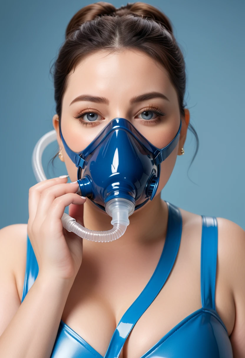 a plus size woman wearing a skin-tight latex dress in shades of blue, breathing through a medical oxygen mask covering her nose and mouth, plastic, oxygen mask, detailed face, beautiful detailed eyes, beautiful detailed lips, extremely detailed eyes and face, long eyelashes, realistic, photorealistic, photo-realistic:1.37, best quality,4k,8k,highres,masterpiece:1.2,ultra-detailed,HDR,UHD,studio lighting,ultra-fine painting,sharp focus,physically-based rendering,extreme detail description,professional,vivid colors,bokeh,portraits