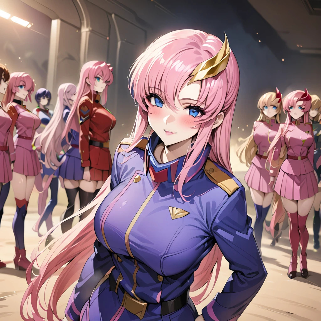 ((Highest quality)), ((masterpiece)), (detailed), (Perfect Face)、Gundam SEED、The woman is Lacus Clyne, with blue eyes, pink medium-long hair and a hair accessory.、The woman is a senior female officer in the Earth Federation Army and is wearing the Earth Federation Army uniform.