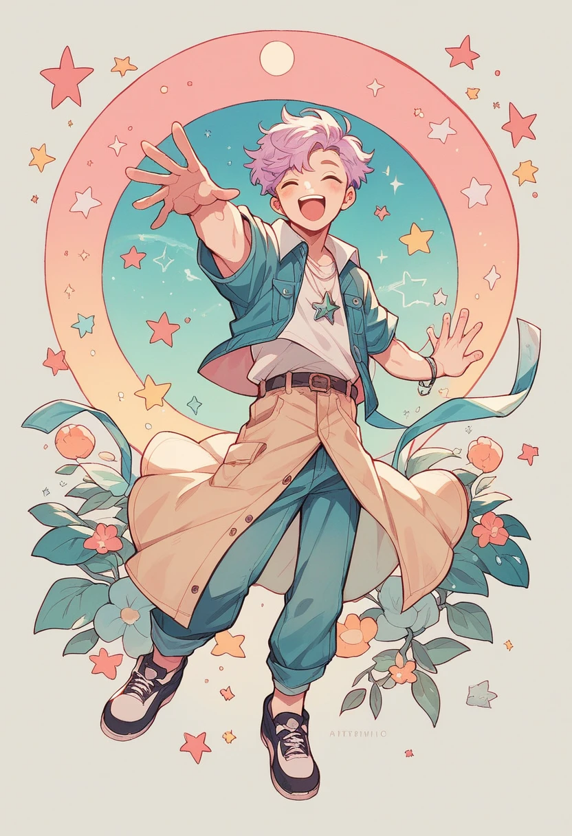 happy young charismatic man with lavender hair and a pastel moon and stars aesthetic clean shaven thin full body