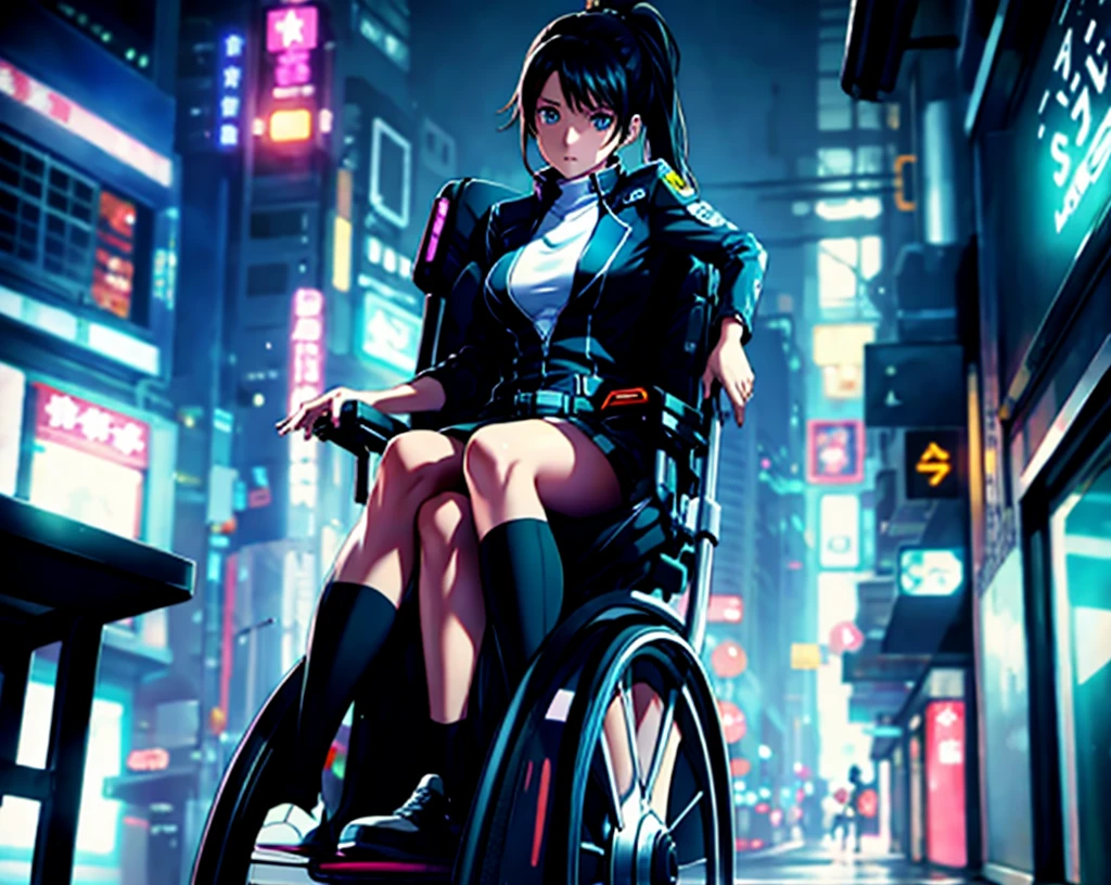 Best Quality, very detailed, highres, full body, BREAK, solo, a girl sitting in a futuristic wheelchair. She is around a cyberpunk pub.