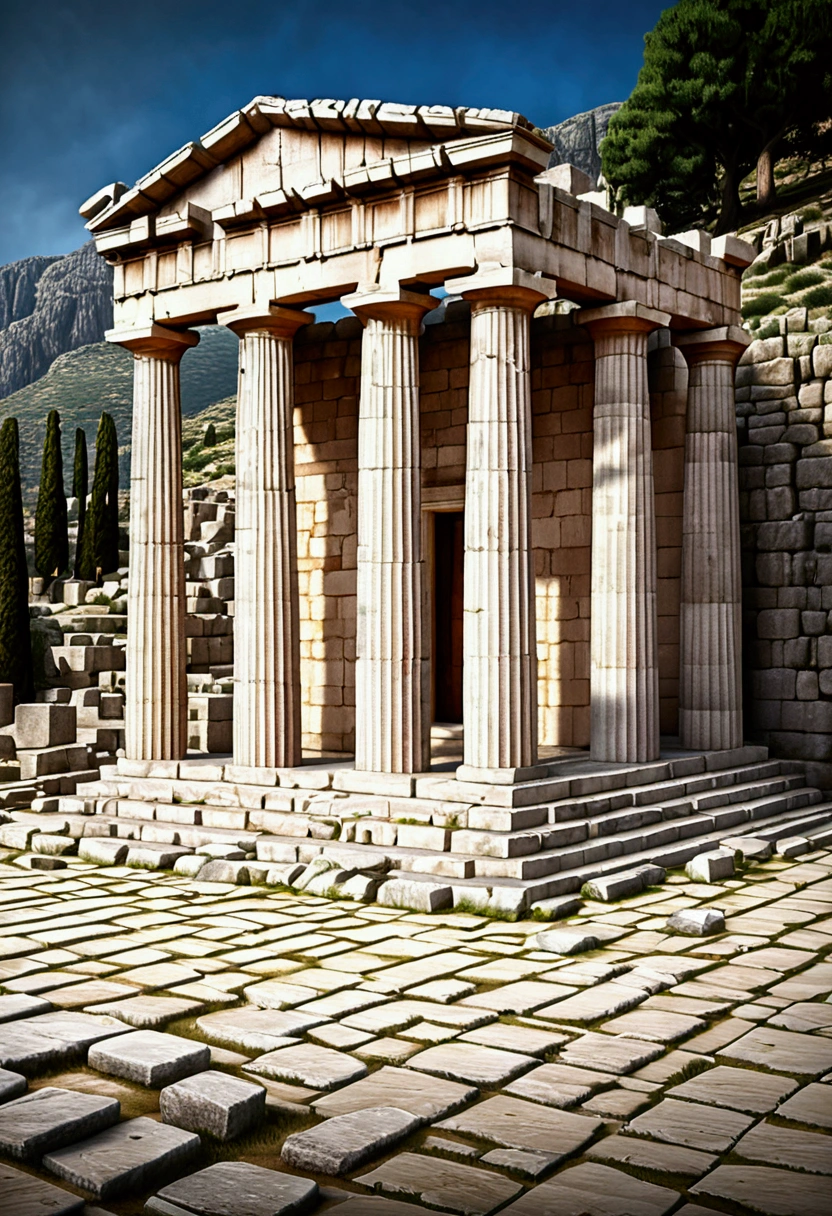 (Ancient Greek Art), architecture, Delphi Temple, panorama view, full body, award-winning, cinematic still, emotional, vignette, dynamic, vivid, (masterpiece, best quality, photorealistic, Professional, perfect composition, very aesthetic, absurdres, ultra-detailed, intricate details:1.3)