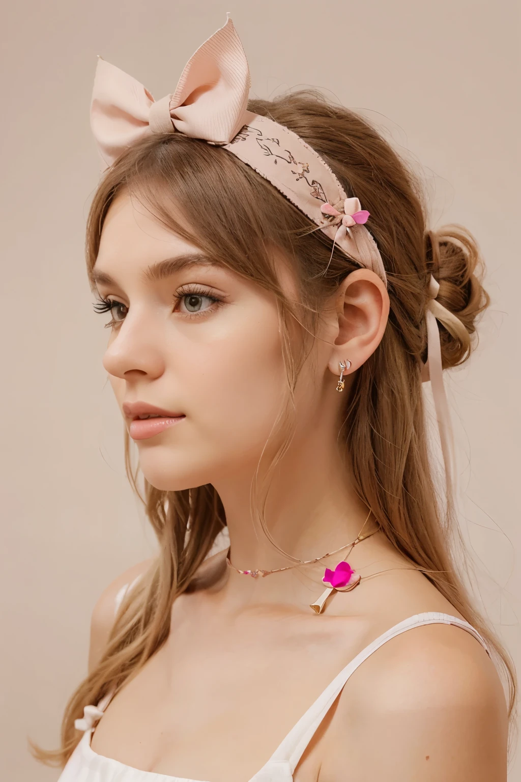 Create a 2D logo for a hair accessory brand called Ata, use pale pink background and beige font. In the capital letter A place a bow in the middle and in the final letter A a little tail. The shape of the logo must be circular