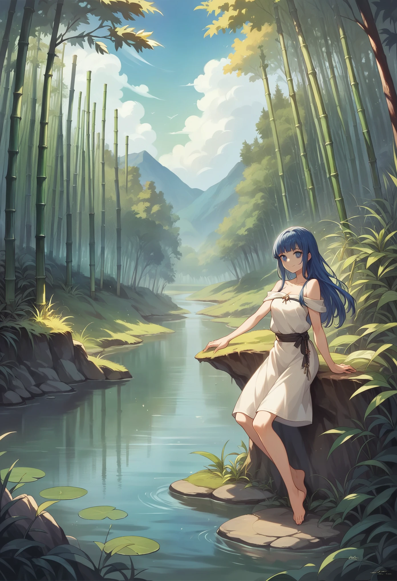masterpiece, Best Quality, official art, 8K Wallpaper, Very detailed, illustration, 1 girl, sky blue hair, by the wide, detailed eyes, Forrest Gump, bare shoulders, Hanfu, lake, Pure, soft smile, bamboo, has