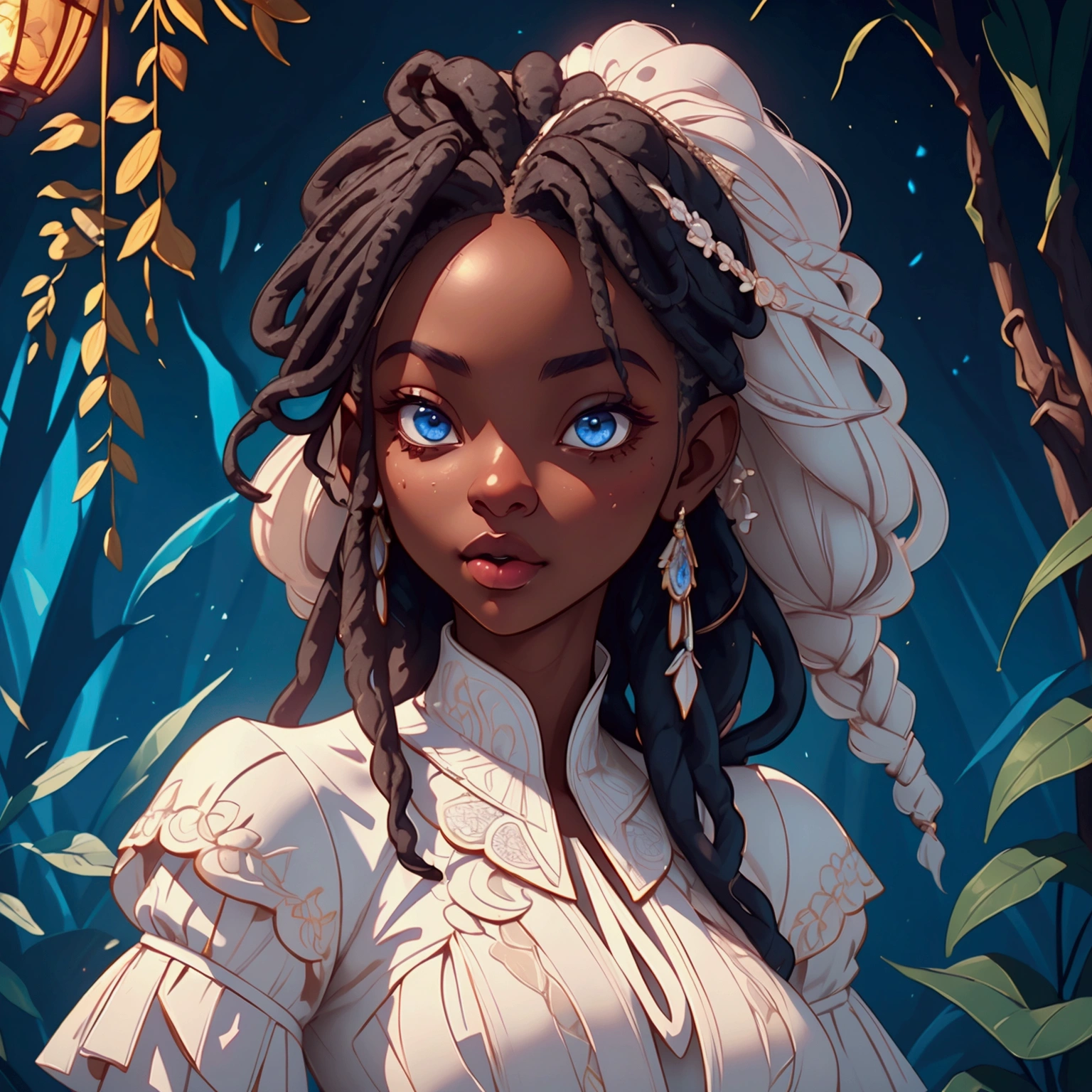 a beautiful ebony skinned girl,floral dress,alluring,soft,blue eyes,long white dreadlocks,detailed facial features,photorealistic,highly detailed,intricate details,natural lighting,warm color palette,cinematic lighting,elegant,refined,classy,masterpiece