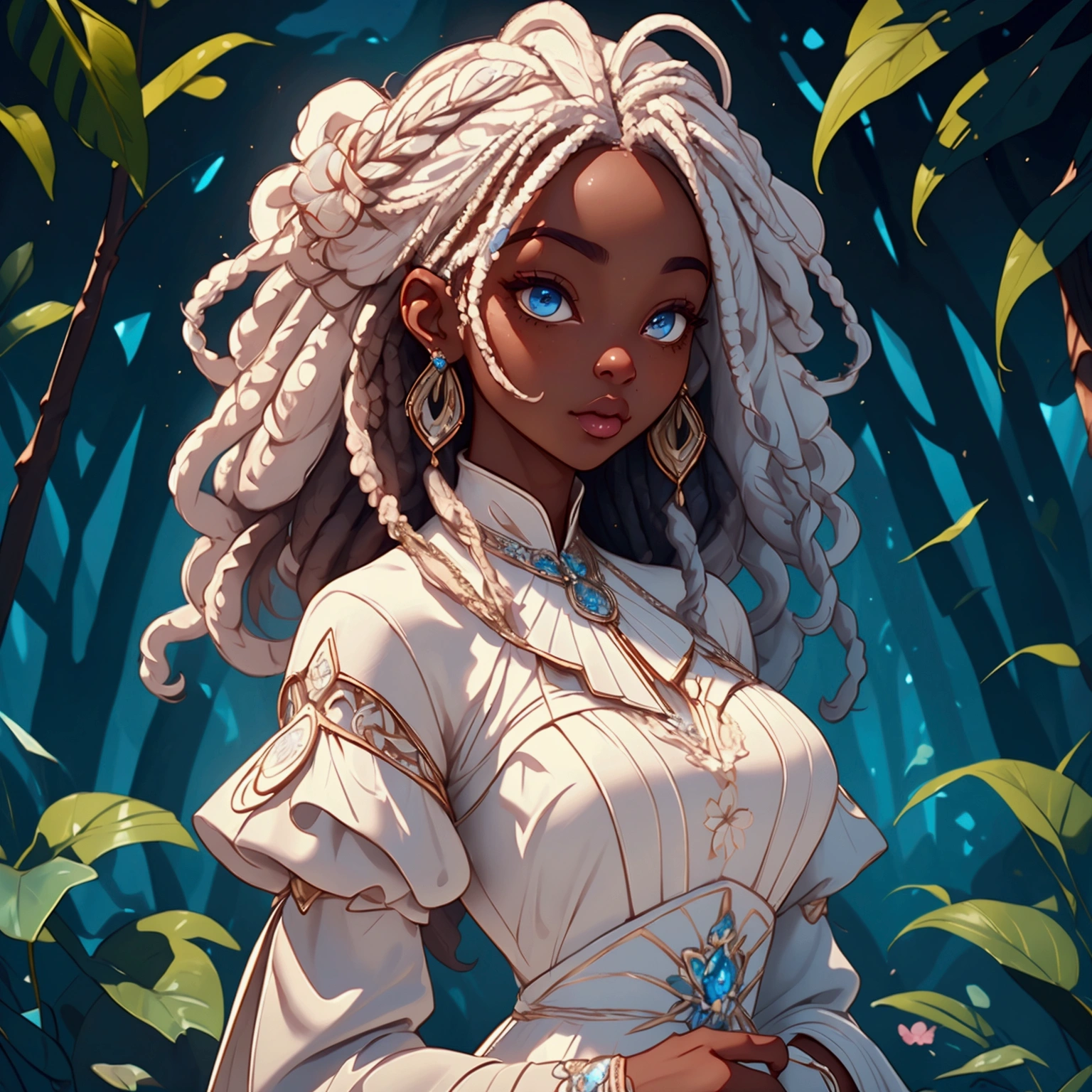 a beautiful ebony skinned girl,floral dress,alluring,soft,blue eyes,long white dreadlocks,detailed facial features,photorealistic,highly detailed,intricate details,natural lighting,warm color palette,cinematic lighting,elegant,refined,classy,masterpiece