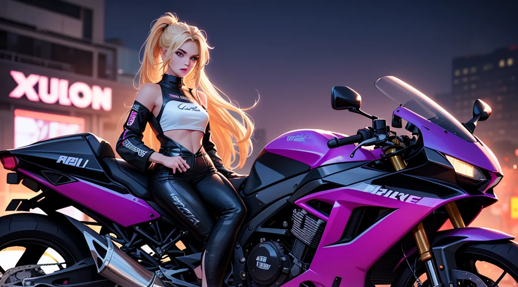 In the dimly-lit, neon-soaked world of 80's synthwave, a stunning blonde woman exudes effortless cool next to her motorcycle. Her long hair pulled back in a sleek ponytail, she dons a form-fitting racing outfit that perfectly complements the retro aesthetic. This scene is captured in a high-quality photograph, showcasing every meticulous detail with crystal clarity. The vibrant colors pop against the dusky backdrop, evoking a sense of nostalgia and style that transports viewers to a bygone era of glamour and speed