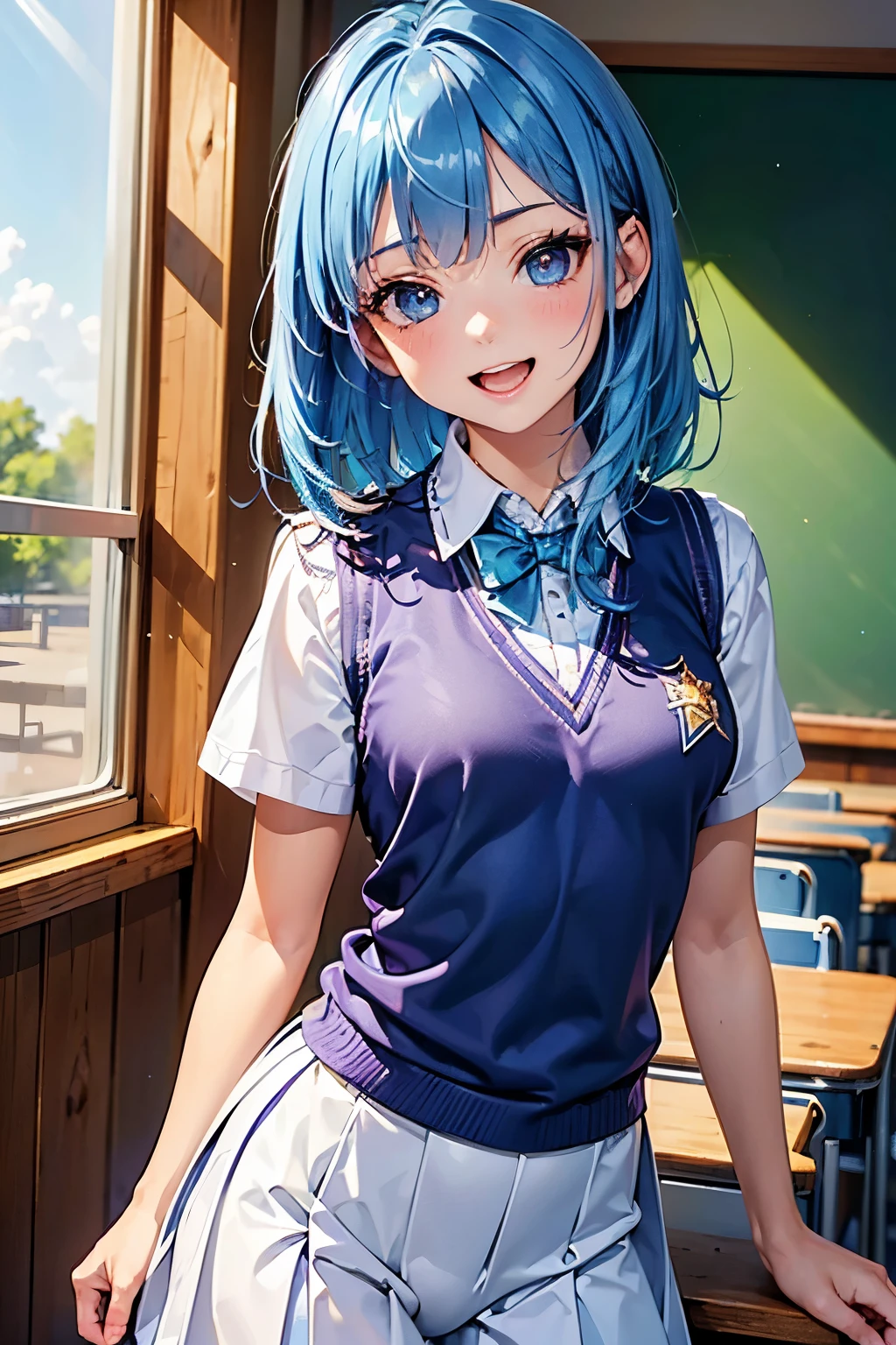 best quality, (masterpiece:1.3), absurdres, highres,16k, ultra high res, official art, illustration,extremely detailed, 1girl, solo, 20yo, 
delicate lines tailed face, (medium hair:1.9), (side swept bangs:1.7), (beautiful (aquamarine blue) hair:1.2), (shiny hair:1.2), (beautiful (light-purple) eyes:1.2), (shiny eyes:1.2), (medium breasts), (gleaming skin:1.4),
(cowboy shot:1.5)
standing, laugh with open mouth,
(school uniform:1.2), (sweater vest),
classroom
