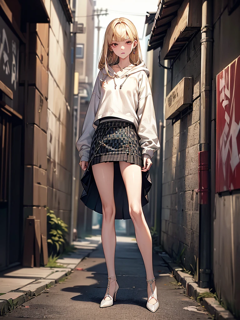 ((Biologically correct limb count))、(( Full-body photo including face))、4K、((Standing position))、masterpiece、((Focus on the face))、((Symmetrical facial features))、, (Natural skin texture, 詳細な肌Eye for detailed depiction、 Hyperrealism, Sharpness), (Japanese teen girl in a dirty back alley at night, Put your hands in your pockets, graffitied wall:1.3), ((White hoodie, No sleeve, White jersey pants)), (Flat Chest:1.3, Pale skin:1.2, Slender body), ((Blonde Straight Hair, Blunt bangs)), (Fascinating face, Provocative look, Lips parted:1.3, Sagging under the eyes:1.2, Red thick lips), graffiti:1.5, at night, Upper Body Shot、In a completely different expression。Eye for detailed depiction、Beautiful woman、Excellent style、Beautiful clavicle、Beautiful feet、Beautiful Hands、Slender body、(Small Ass、Thin thighs)、(Striped stockings、High heels)、Detailed depiction of the face、Small earrings、necklace、(Knitted dress、(Checked skirt))、Face close-up、Turn 1'Look Up、Look at me sideways、A bow tie、Nighttime hot springs、Super dense fog、