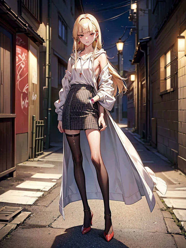 ((Biologically correct limb count))、(( Full-body photo including face))、4K、((Standing position))、masterpiece、((Focus on the face))、((Symmetrical facial features))、, (Natural skin texture, 詳細な肌Eye for detailed depiction、 Hyperrealism, Sharpness), (Japanese teen girl in a dirty back alley at night, Put your hands in your pockets, graffitied wall:1.3), ((White hoodie, No sleeve, White jersey pants)), (Flat Chest:1.3, Pale skin:1.2, Slender body), ((Blonde Straight Hair, Blunt bangs)), (Fascinating face, Provocative look, Lips parted:1.3, Sagging under the eyes:1.2, Red thick lips), graffiti:1.5, at night, Upper Body Shot、In a completely different expression。Eye for detailed depiction、Beautiful woman、Excellent style、Beautiful clavicle、Beautiful feet、Beautiful Hands、Slender body、(Small Ass、Thin thighs）、(Striped stockings、High heels）、Detailed depiction of the face、Small earrings、necklace、(Knitted dress、(Checked skirt))、Face close-up、Turn 1&#39;Look Up、Look at me sideways、A bow tie、Nighttime hot springs、Super dense fog、
