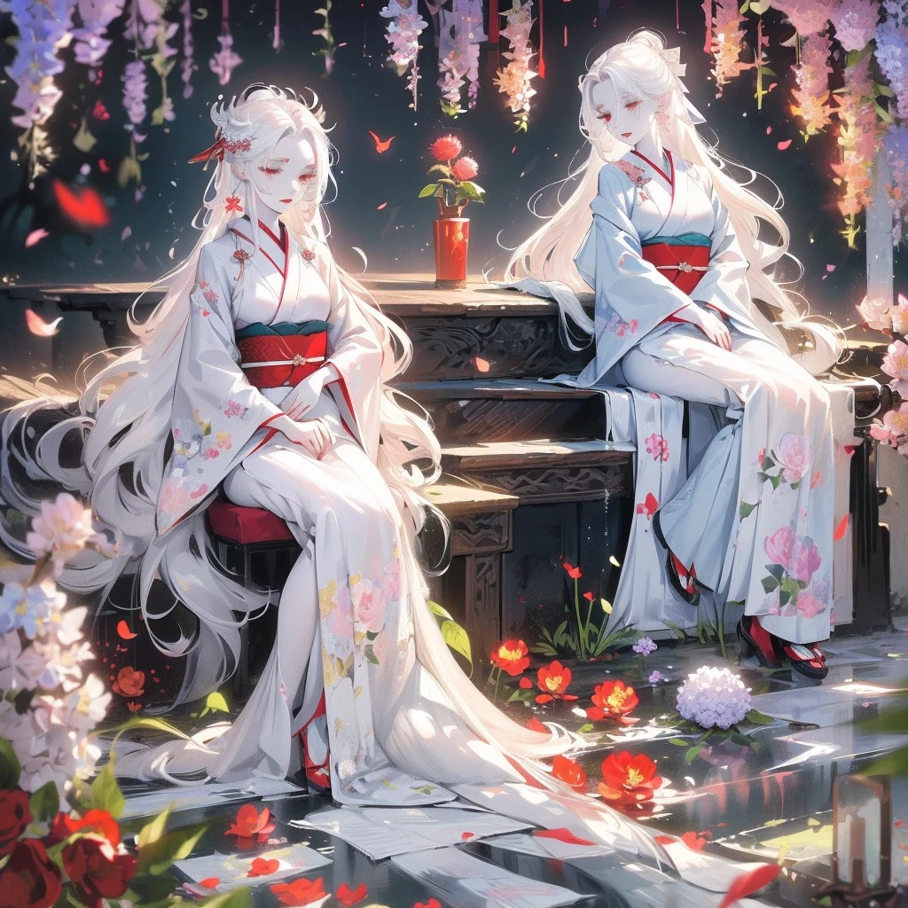 (1girl, long hair, white hair, wavy hair, pale skin, makeup, red lips, sitting, sleeping), sitting in field, holding flowers, fullbody, kimono, hanfu, floral print, (Beautifully Aesthetic:1.2),field, hydrangea, peace, tranquility, serenity, petals