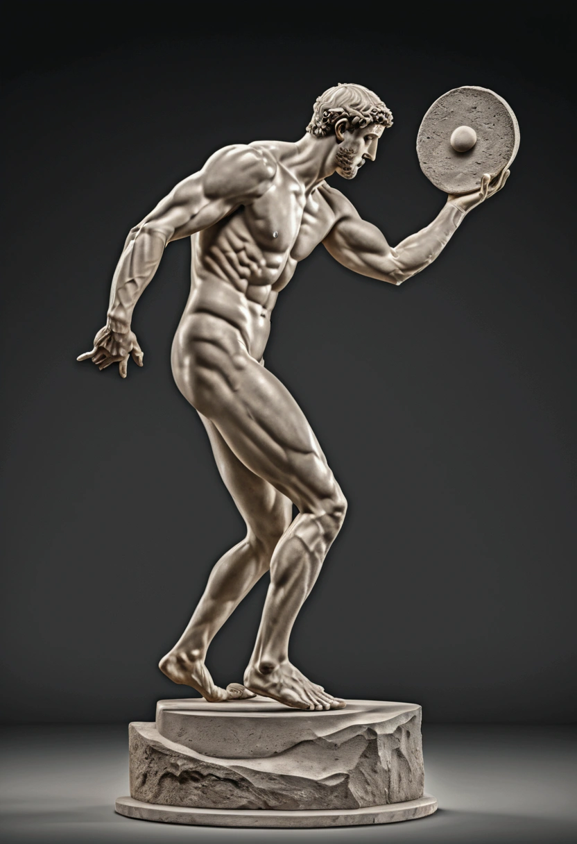 (Ancient Greek Art), sculpture, The discus thrower, full body, award-winning, cinematic still, emotional, vignette, dynamic, vivid, (masterpiece, best quality, photorealistic, Professional, perfect composition, very aesthetic, absurdres, ultra-detailed, intricate details:1.3)