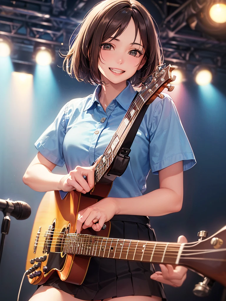 (Highest quality、8k、32K、masterpiece)、(Realistic)、(Realistic:1.2)、(High resolution)、Very detailed、Very beautiful face and eyes、(((Women's Solo Shot)))、Tight waist、(Highest quality、Attention to detail、Rich skin detail)、(Highest quality、8k、Oil paints:1.2)、(Realistic、Realistic:1.37)、Bright colors、(((Cowboy Shot)))、(((Bob Hair)))、(((Medium Hair)))、(((He has a happy face.)))、((smile))、(((Brown Hair)))、((Collared short-sleeved shirt, Checked shirt, Red and white shirt、 Black pleated skirt, mini skirt), )、(((Large crowd)))、(((Band performance)))、(((Inside the live house)))、(((Teeth are visible)))、(((She is a guitarist)))、((Waiting for the guitar))、(((Playing guitar)))