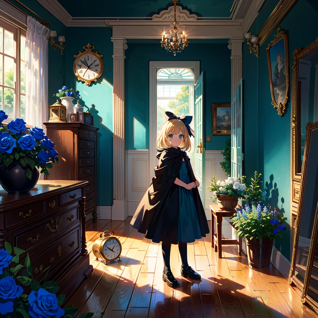 {{{Masterpiece, highest quality, high resolution background}}}, girl illustration, Alice in Wonderland, high long blonde hair, sky blue eyes, aqua dress, cloak, 5 years old, (young: 1.9) , children, basement, vintage, clock, blue rose garden,