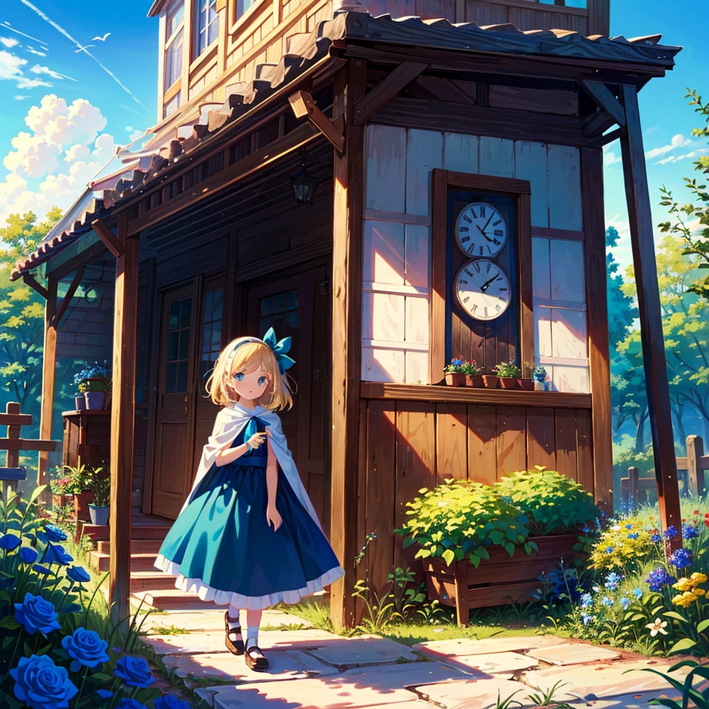 {{{Masterpiece, highest quality, high resolution background}}}, girl illustration, Alice in Wonderland, high long blonde hair, sky blue eyes, aqua dress, cloak, 5 years old, (young: 1.9) , children, basement, vintage, clock, blue rose garden,