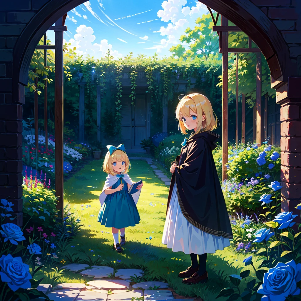 {{{Masterpiece, highest quality, high resolution background}}}, girl illustration, Alice in Wonderland, high long blonde hair, sky blue eyes, aqua dress, cloak, 5 years old, (young: 1.9) , children, basement, vintage, clock, blue rose garden,