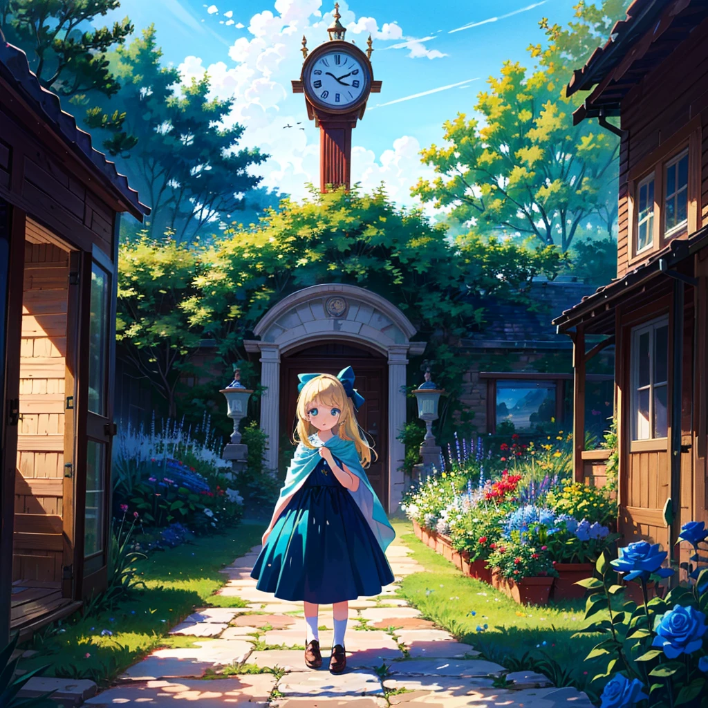 {{{Masterpiece, highest quality, high resolution background}}}, girl illustration, Alice in Wonderland, high long blonde hair, sky blue eyes, aqua dress, cloak, 5 years old, (young: 1.9) , children, basement, vintage, clock, blue rose garden,