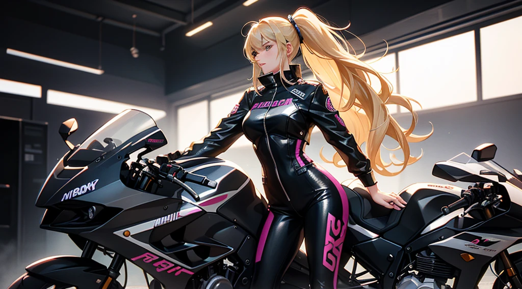 In the dimly-lit, neon-soaked world of 80's synthwave, a stunning blonde woman exudes effortless cool next to her motorcycle. Her long hair pulled back in a sleek ponytail, she dons a form-fitting racing outfit that perfectly complements the retro aesthetic. This scene is captured in a high-quality photograph, showcasing every meticulous detail with crystal clarity. The vibrant colors pop against the dusky backdrop, evoking a sense of nostalgia and style that transports viewers to a bygone era of glamour and speed