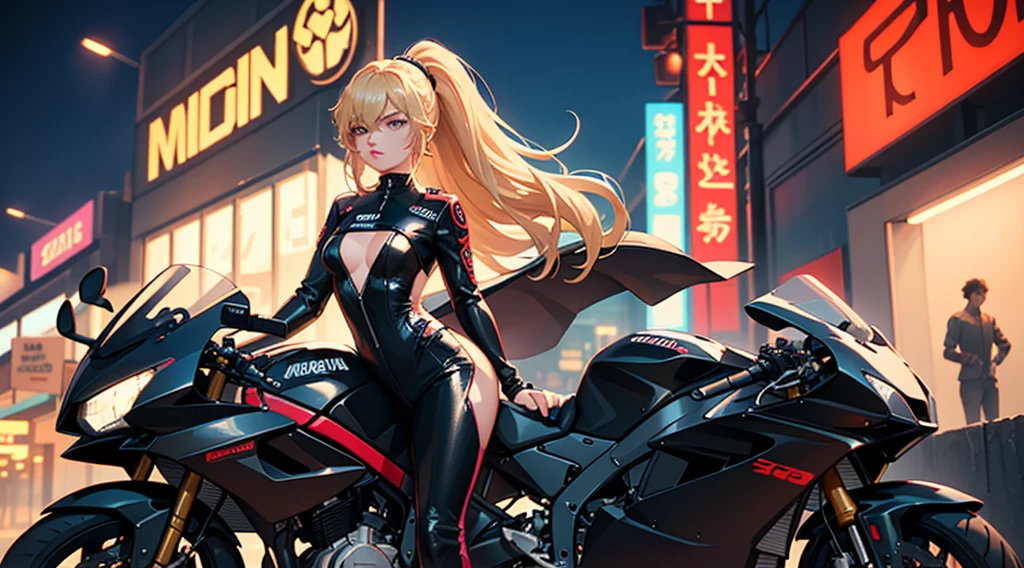 In the dimly-lit, neon-soaked world of 80's synthwave, a stunning blonde woman exudes effortless cool next to her motorcycle. Her long hair pulled back in a sleek ponytail, she dons a form-fitting racing outfit that perfectly complements the retro aesthetic. This scene is captured in a high-quality photograph, showcasing every meticulous detail with crystal clarity. The vibrant colors pop against the dusky backdrop, evoking a sense of nostalgia and style that transports viewers to a bygone era of glamour and speed