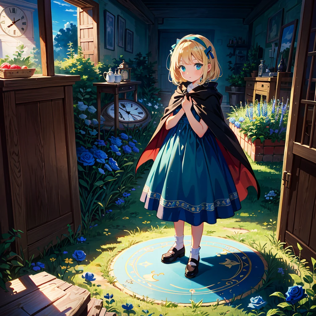{{{Masterpiece, highest quality, high resolution background}}}, girl illustration, Alice in Wonderland, high long blonde hair, sky blue eyes, aqua dress, cloak, 5 years old, (young: 1.9) , children, basement, vintage, clock, blue rose garden,