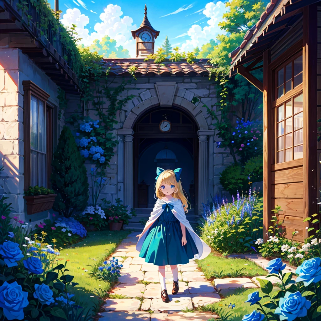 {{{Masterpiece, highest quality, high resolution background}}}, girl illustration, Alice in Wonderland, high long blonde hair, sky blue eyes, aqua dress, cloak, 5 years old, (young: 1.9) , children, basement, vintage, clock, blue rose garden,