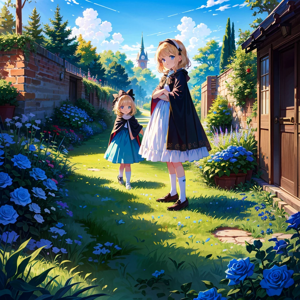 {{{Masterpiece, highest quality, high resolution background}}}, girl illustration, Alice in Wonderland, high long blonde hair, sky blue eyes, aqua dress, cloak, 5 years old, (young: 1.9) , children, basement, vintage, clock, blue rose garden,