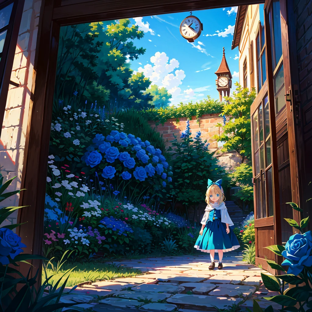 {{{Masterpiece, highest quality, high resolution background}}}, girl illustration, Alice in Wonderland, high long blonde hair, sky blue eyes, aqua dress, cloak, 5 years old, (young: 1.9) , children, basement, vintage, clock, blue rose garden,