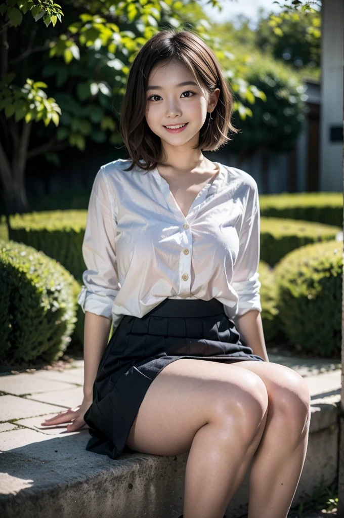 Pure Young Japanese Girl, wearing loose summer clothes, high heels, In the summer sunshine, Sitting, No makeup, Natural short Hairstyles, Sexual attraction, sexual temptation, sexual smile, natural body, beautiful legs, hair is fluttering in the fresh wind, lift up skirt, (panty), Professional Portrait Photography、