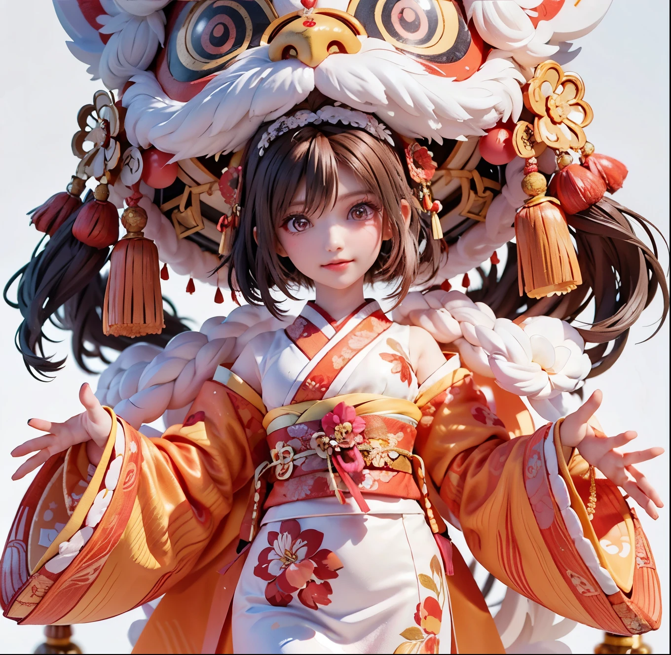 Minimal hair accessories, Mature, elegant, playful, long flowy hair,high quality, (masterpiece,quality,Best quality,official art,Beauty and aesthetics:1.2),The content is very detailed,alone,CNY,(fractal art:1.1),(a color:1.1)(blooming flowers:1.3),most detailed,( tangled:1.2), (dynamic poses), (abstract background:1.3), (Japanese fabric:1.2), kimono,(skin glowing), (Many colors:1.4), Decorative painting:1.6,),brown hair,hair accessories, light,Ink painting and ink painting,ink,Double tail,Japanese clothes,red background,Big red lanterns hung high,Jade Ruyi,